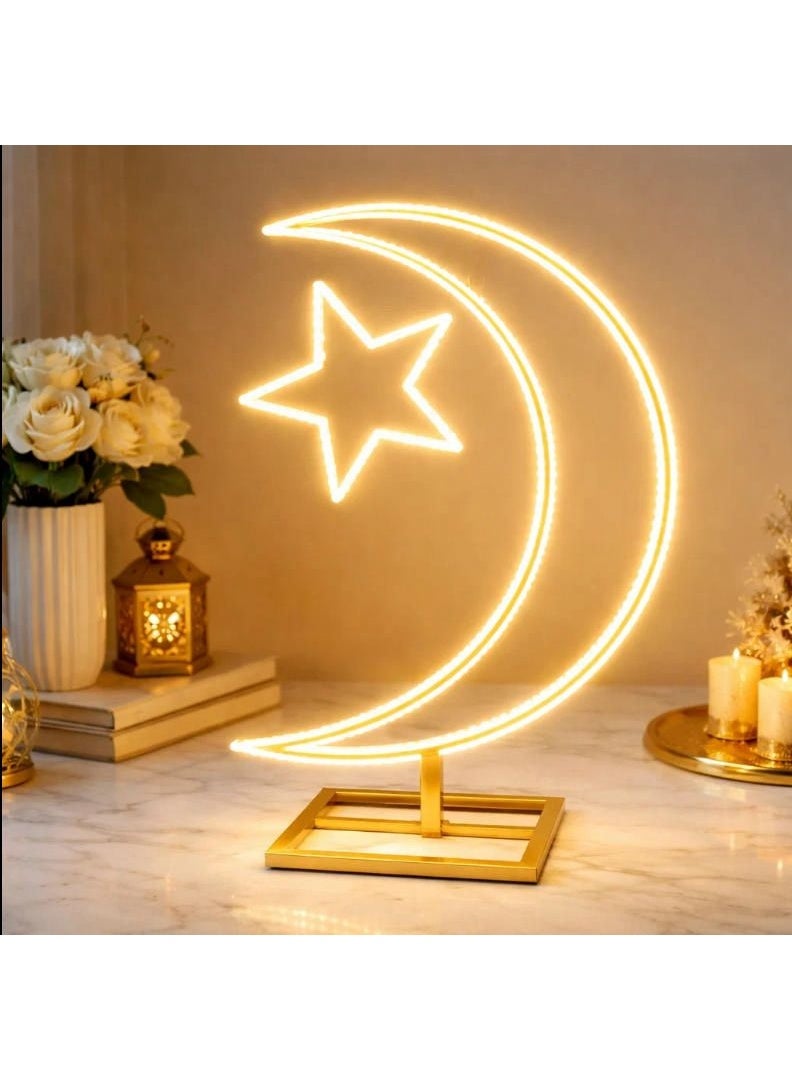 Ramadan Moon & Star LED Neon Sign – Warm White Crescent Table Lamp with Metal Stand, plug in Powered, Islamic Eid Decoration for Home, Living Room & Bedroom - Image 1